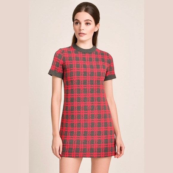 Vintage Dresses & Skirts - Vintage Pink Wool Houndstooth Short Sleeved Dress Size S/M